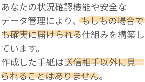 状況確認機能や安全なデータ管理により、確実に届けられる仕組みの説明テキスト